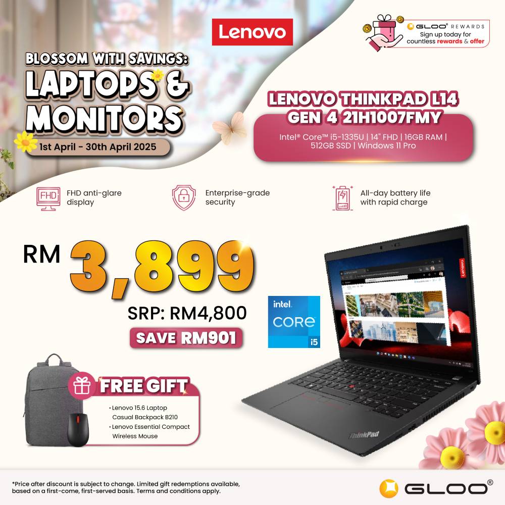 Lenovo ThinkPad L14 Gen 4 21H1007FMY Laptop (i5-1335U,16GB,512GB SSD,Intel UHD Graphics,14"FHD,W11P,3Y)[Include Lenovo Backpack and Wireless Mouse]