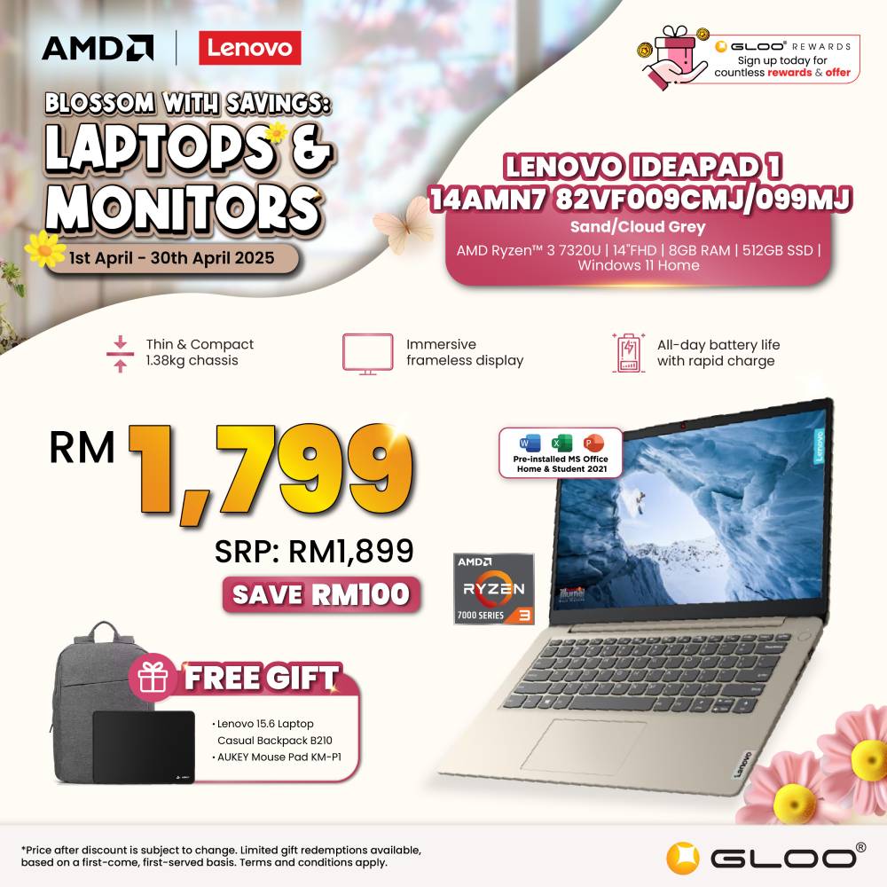 Lenovo IdeaPad 1 14AMN7 82VF0099MJ Laptop (R3-7320U,8GB,512GB SSD,AMD Radeon 610M Graphics,H&S,14"FHD,W11H,Cloud Grey,2Yrs)