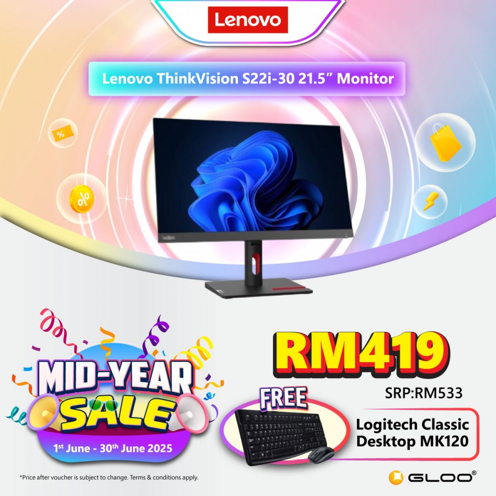 (Ready stock) Lenovo ThinkVision S22i-30 21.5-inch Monitor (63FCKARBWW)