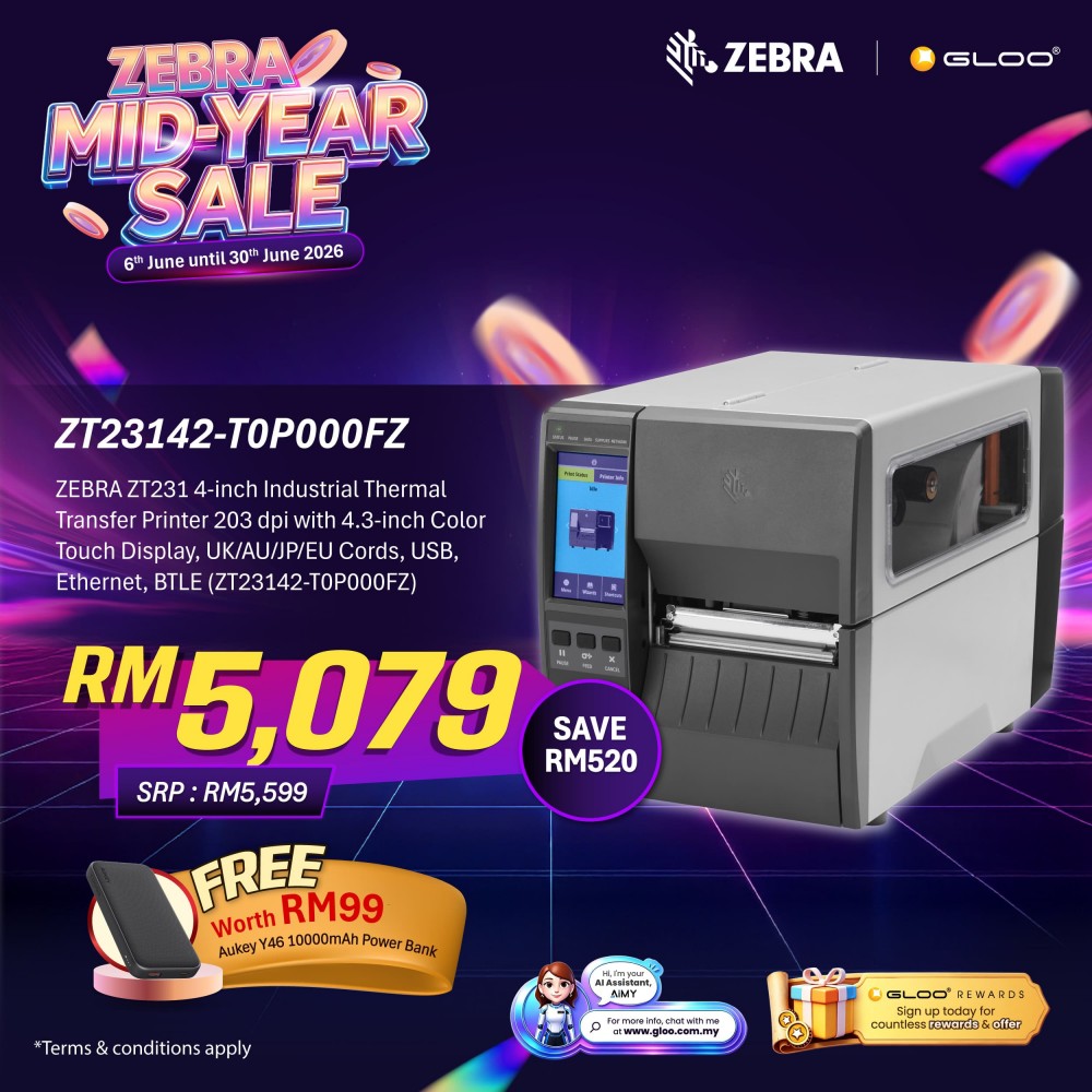 ZEBRA ZT231 4-inch Industrial Thermal Transfer Printer 203 dpi with 4.3-inch Color Touch Display, UK/AU/JP/EU Cords, USB, Ethernet, BTLE (ZT23142-T0P000FZ)