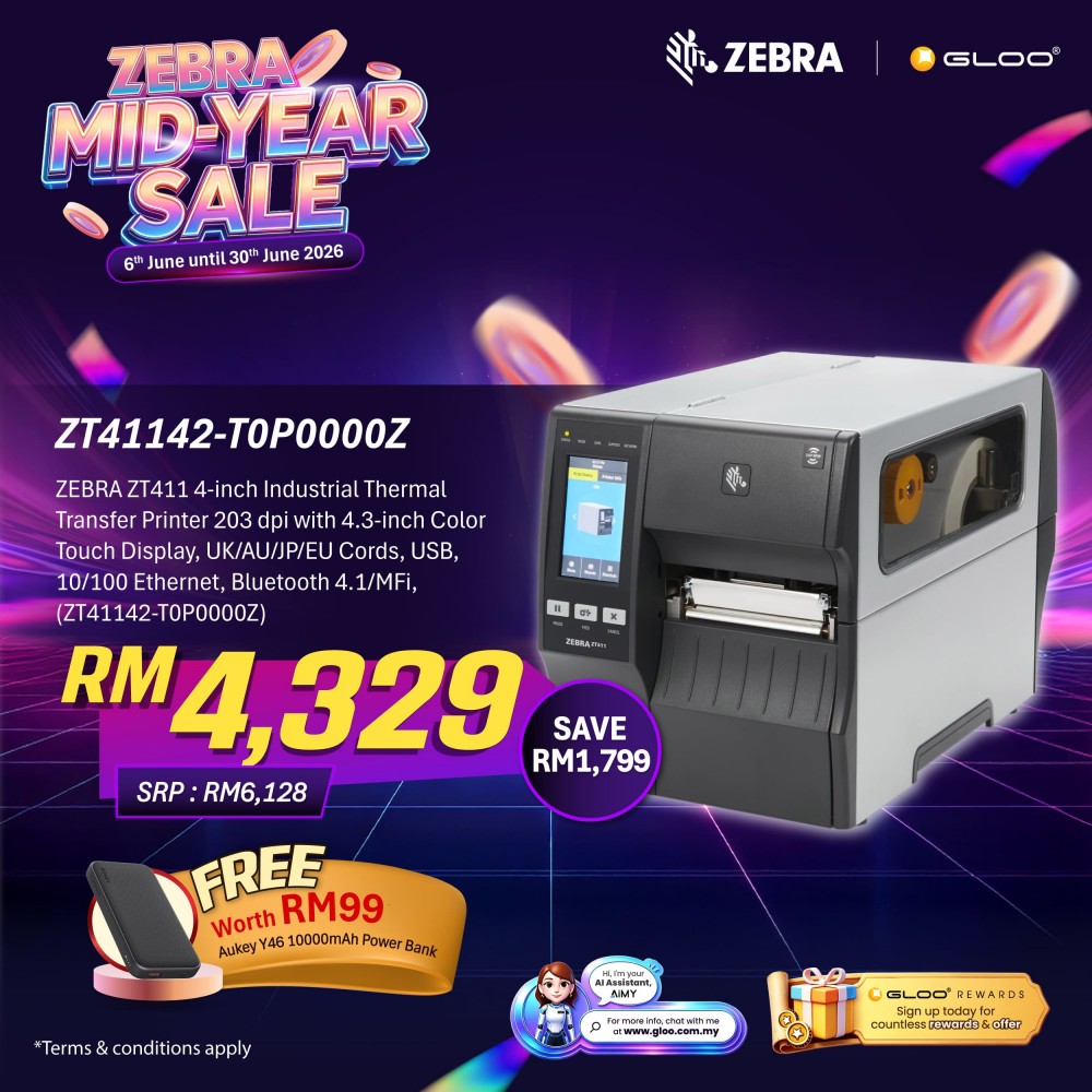 ZEBRA ZT411 4-inch Industrial Thermal Transfer Printer 203 dpi with 4.3-inch Color Touch Display, UK/AU/JP/EU Cords, USB, 10/100 Ethernet, Bluetooth 4.1/MFi,  (ZT41142-T0P0000Z)