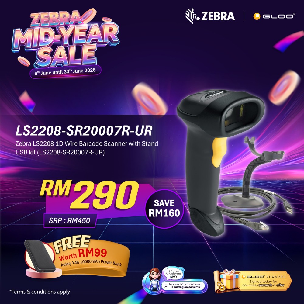Zebra LS2208 1D Wire Barcode Scanner with Stand USB kit (LS2208-SR20007R-UR)
