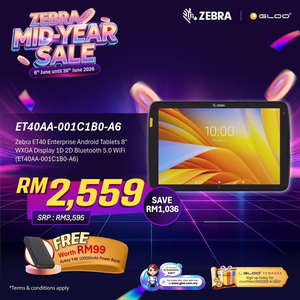 Zebra ET40 Enterprise Android Tablets 8" WXGA Display 1D 2D Bluetooth 5.0 WiFi (ET40AA-001C1B0-A6)