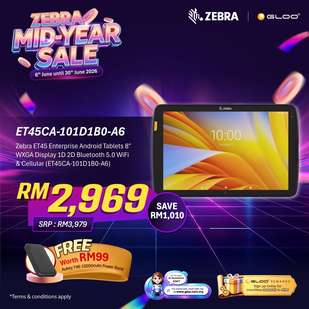 Zebra ET45 Enterprise Android Tablets 8" WXGA Display 1D 2D Bluetooth 5.0 WiFi & Cellular (ET45CA-101D1B0-A6)