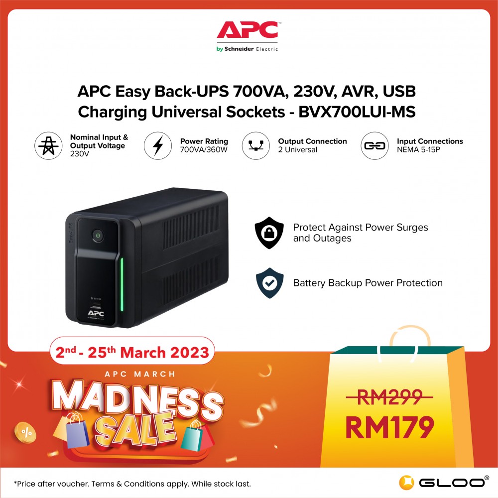 APC Easy UPS BVX 700VA, 230V, AVR, USB Charging, Universal Sockets BVX700LUI-MS - Black