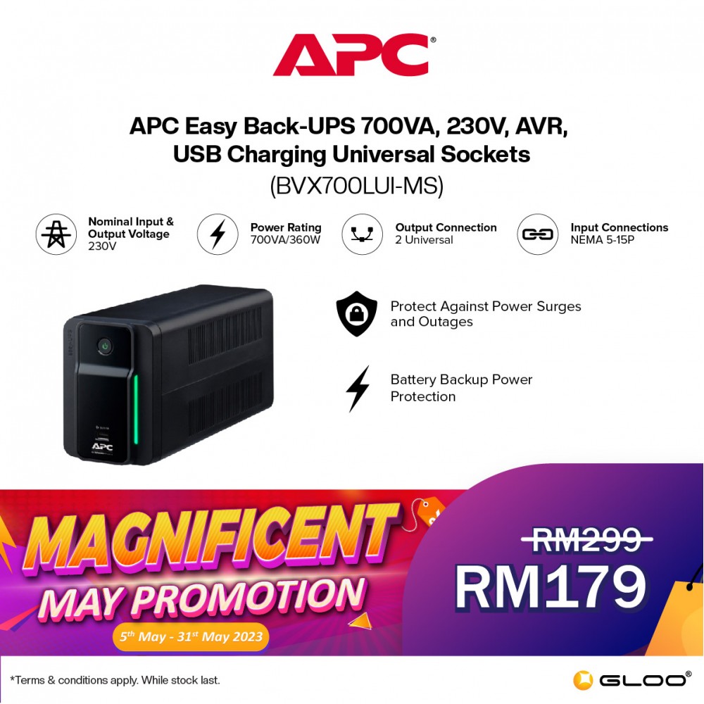 APC Easy UPS BVX 700VA, 230V, AVR, USB Charging, Universal Sockets BVX700LUI-MS - Black
