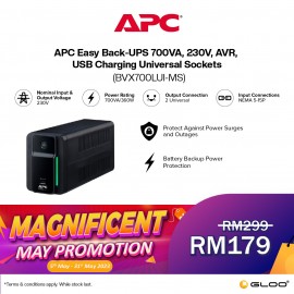 APC Easy UPS BVX 700VA, 230V, AVR, USB Charging, Universal Sockets BVX700LUI-MS - Black