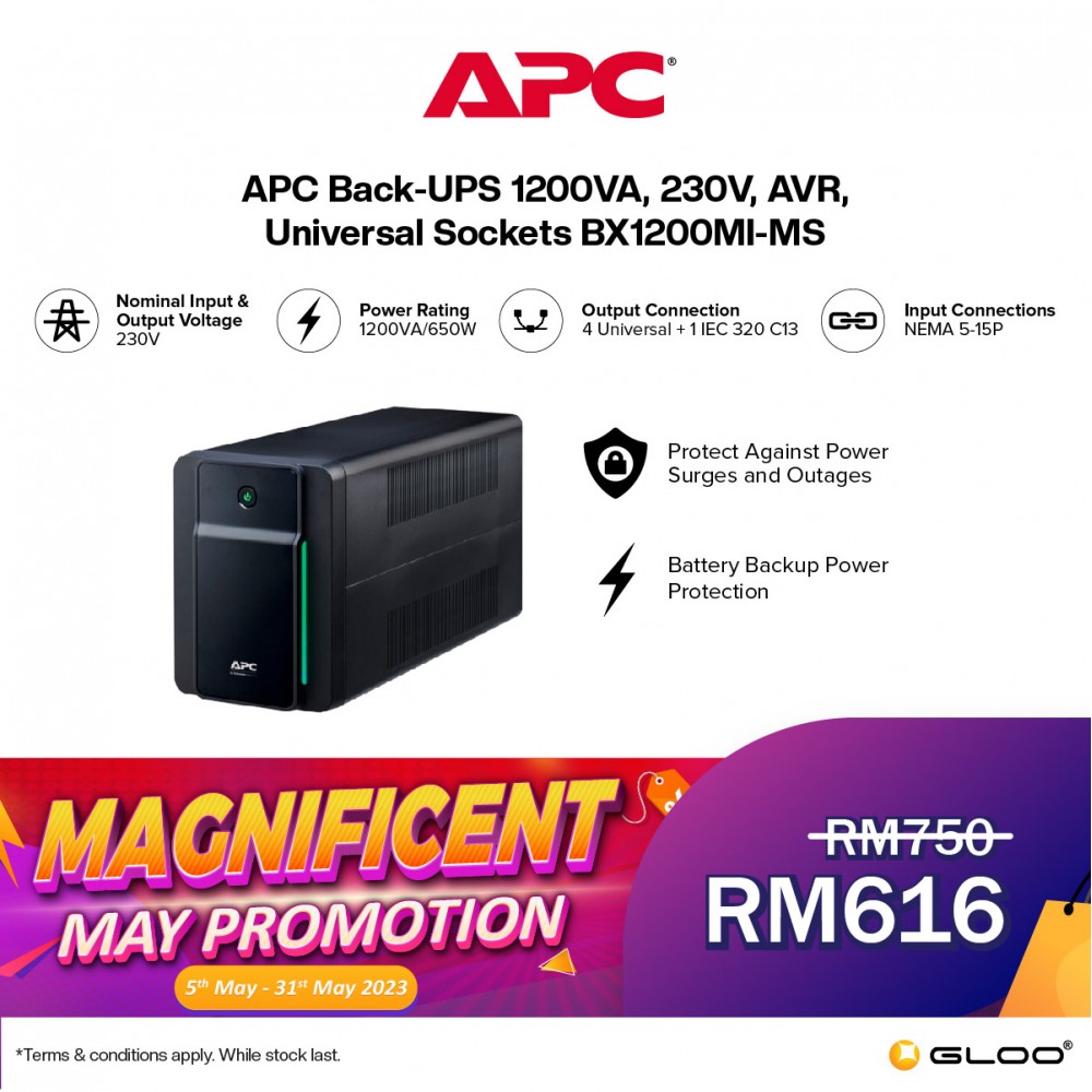 APC Back-UPS 1200VA, 230V, AVR, Universal Sockets BX1200MI-MS - Black