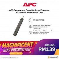 APC SurgeArrest Essential Surge Protector, 6x Outlets, 2 USB-Ports - 2M (PME6U2B-UK)
