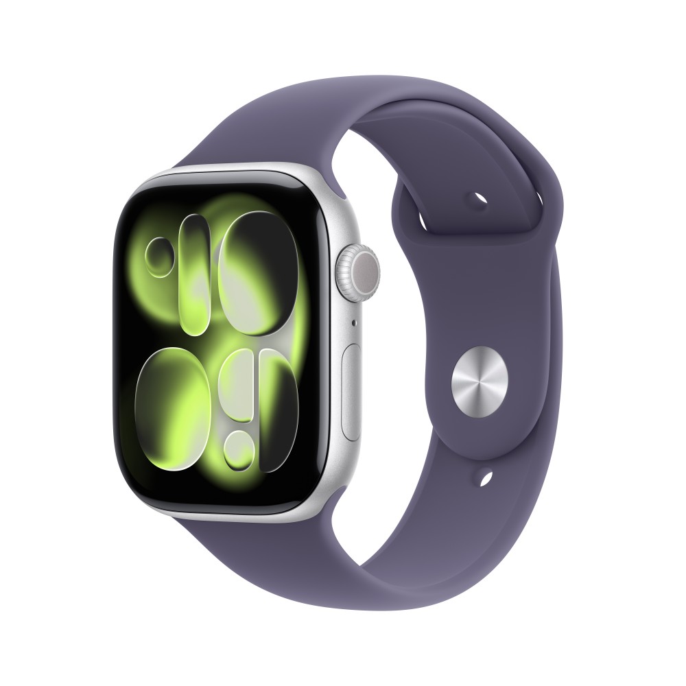 Apple Watch Series 11 GPS 46mm Silver Aluminium Case with Purple Fog Sport Band - S/M MEV94X/A