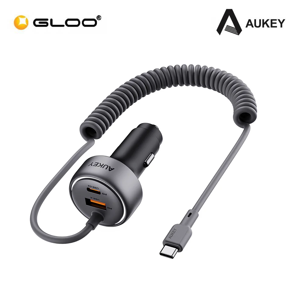 Aukey CC-P2 75W PPS Fast Charging Car Charger With Built In USB-C Cable and USB-A 689323788149