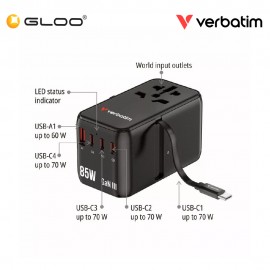 Verbatim 5-Ports 85W GaN Universal Travel Adapter with Retractable Cable (Blue) 023942301783