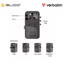 Verbatim 5-Ports 85W GaN Universal Travel Adapter with Retractable Cable (Blue) 023942301783
