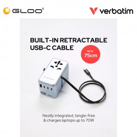 Verbatim 5-Ports 85W GaN Universal Travel Adapter with Retractable Cable (Blue) 023942301783