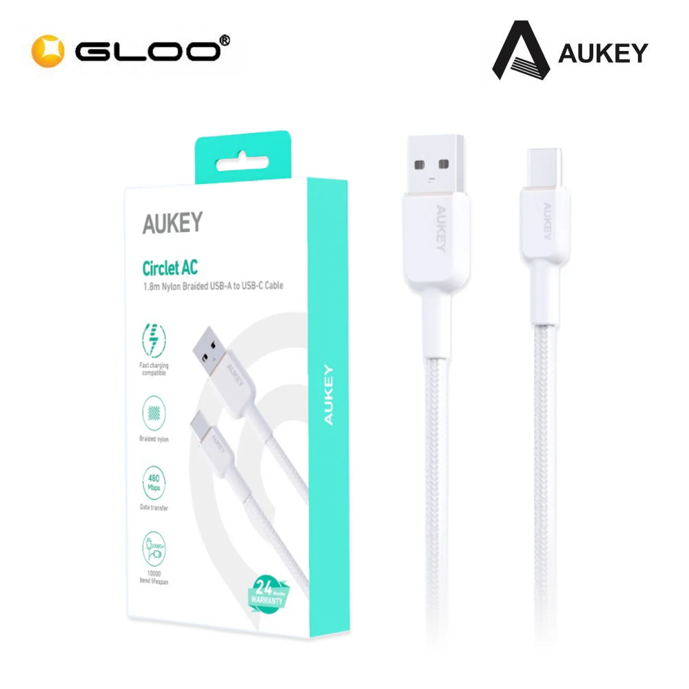 AUKEY Nylon Braided 1.8M USB-A to USB-C Cable - White 689323785896