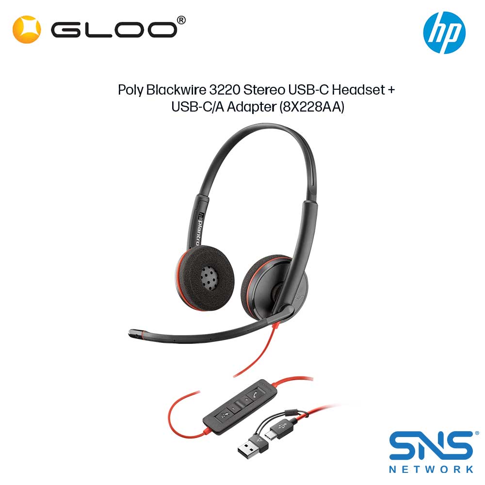 Poly Blackwire 3220 Stereo USB-C Headset +USB-C/A Adapter (8X228AA)