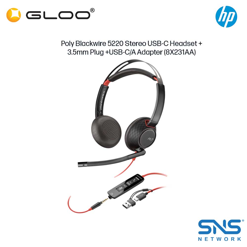 Poly Blackwire 5220 Stereo USB-C Headset +3.5mm Plug +USB-C/A Adapter (8X231AA)