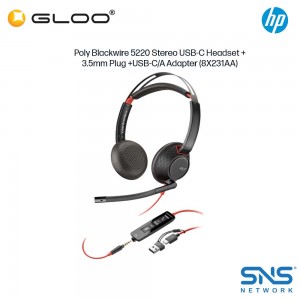 Poly Blackwire 5220 Stereo USB-C Headset +3.5mm Plug +USB-C/A Adapter (8X231AA)