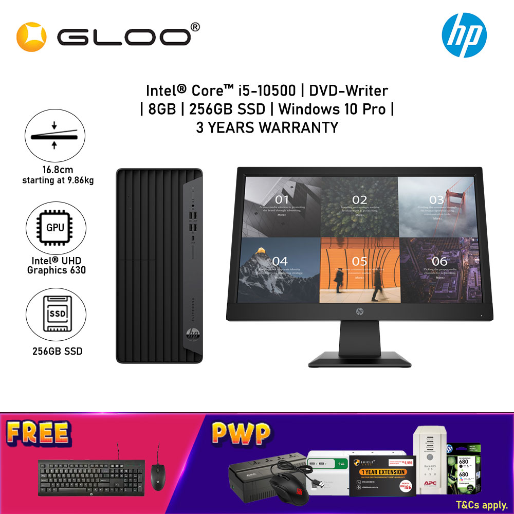 HP EliteDesk 800 G6 Tower PC 31J42PA (i5-10500, 256GB SSDD, 8GB, Intel UHD Graphics 630, W10P) - Black [FREE] HP P19v G4 18.5" WXGA Monitor + HP Wired Keyboard + HP Wired Mouse