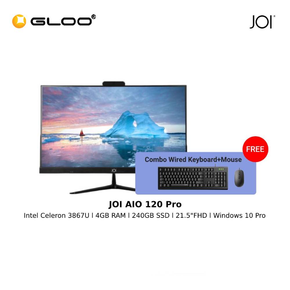 JOI AIO (120 Pro) - PT-A120PR (Cel 3867U/4GB/240GB SSD/21.5"/W10P/Black) Free Wired USB Keyboard and Mouse