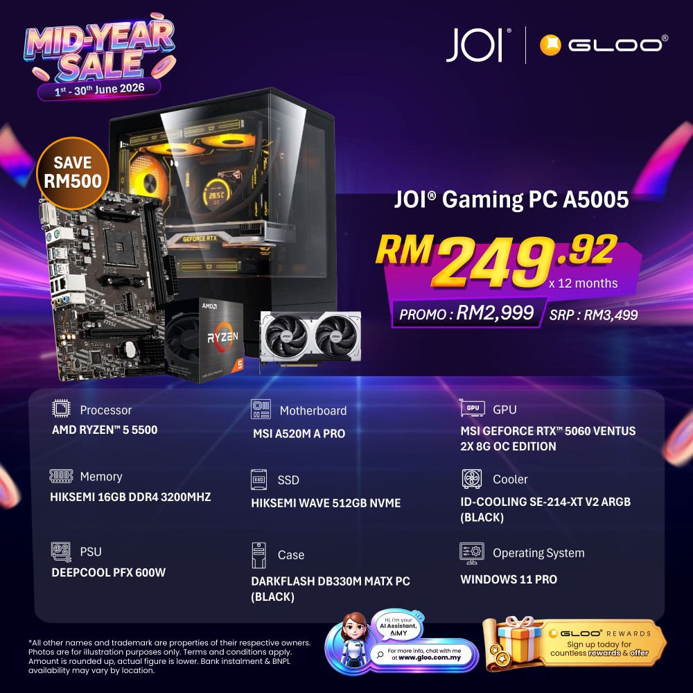 JOI Gaming PC A5005 (AMD RYZEN 5 5500/16GB RAM/512GB SSD/RTX 5060/W11P)