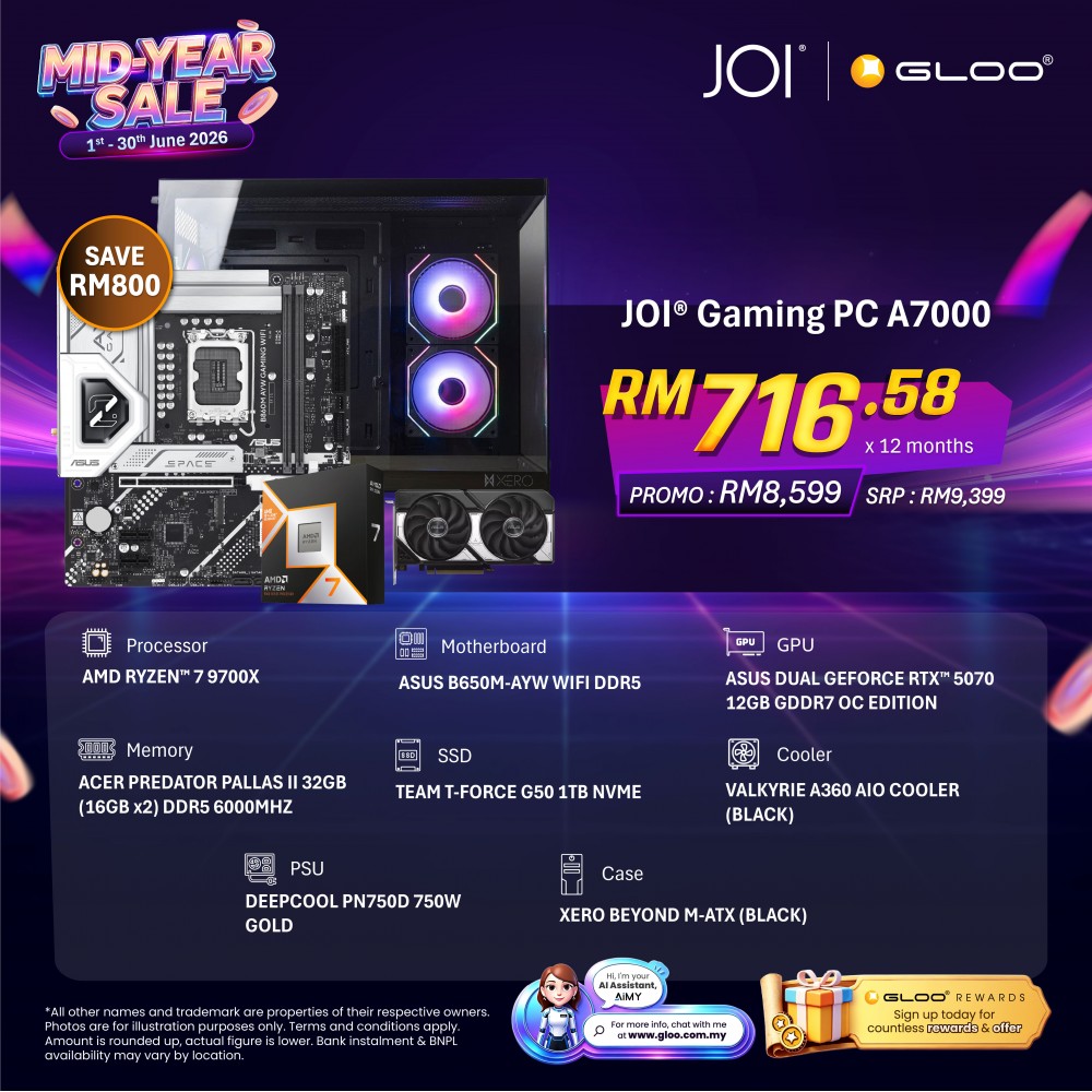 JOI Gaming PC A7000 (AMD RYZEN 7 9700X/32GB RAM/1TB SSD/RTX 5070/DOS)