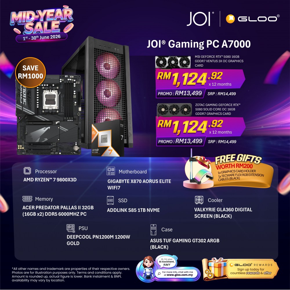 JOI Gaming PC A7000 (AMD RYZEN 7 9800X3D/32GB RAM/1TB SSD/RTX 5080)