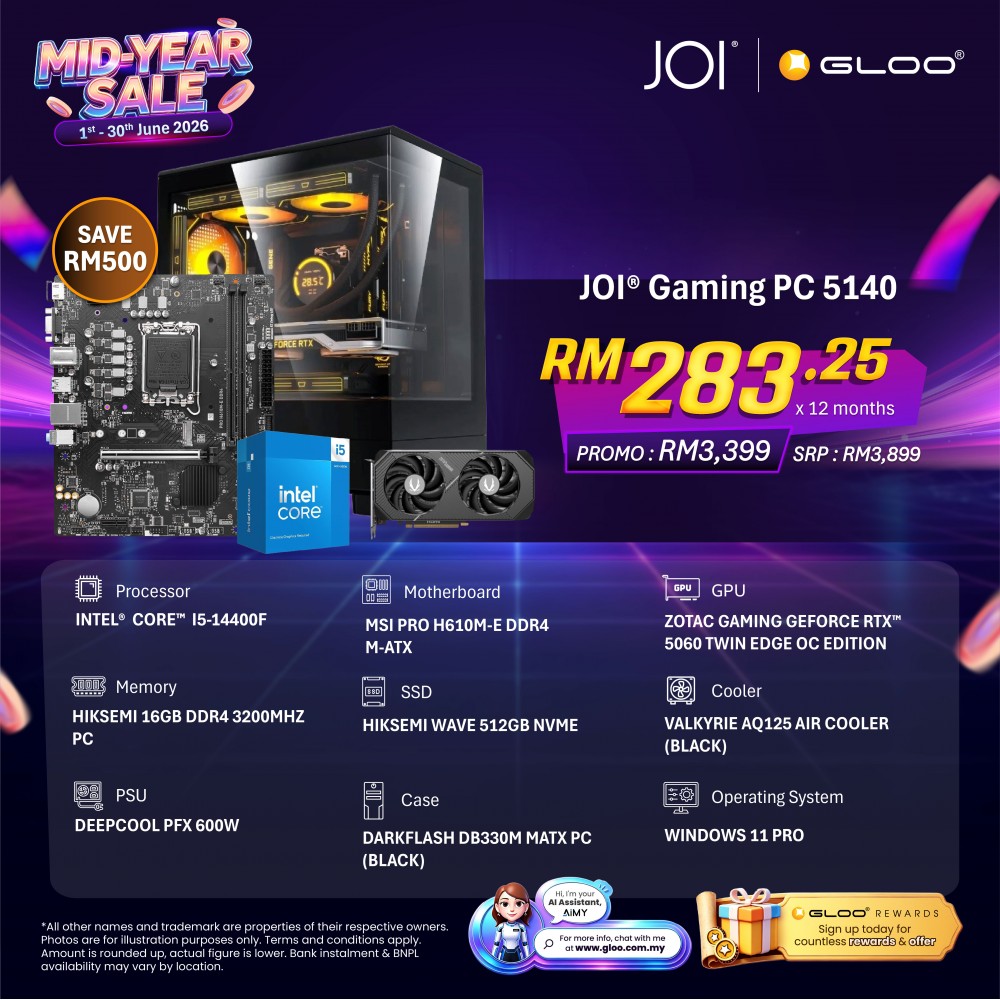 JOI Gaming PC 5140 (INTEL CORE I5-14400F/16GB RAM/512GB SSD/RTX 5060/W11P)