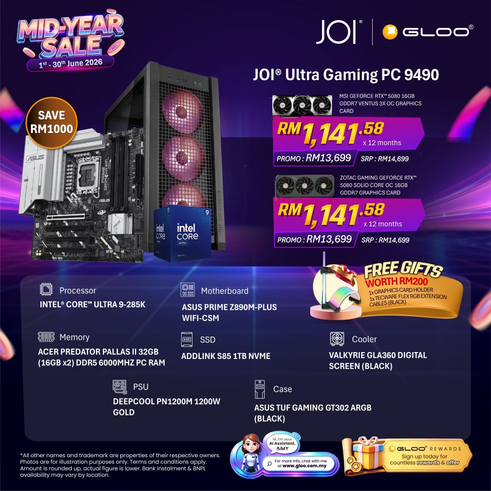 JOI Gaming PC 9490 (INTEL ULTRA 9-285K32GB RAM/1TB SSD/RTX 5080)