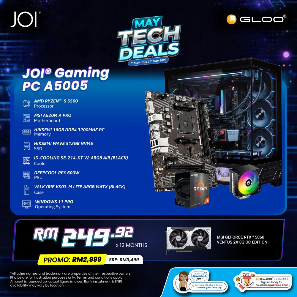 JOI Gaming PC A5005 (AMD RYZEN 5 5500/16GB RAM/512GB SSD/RTX 5060/W11P)