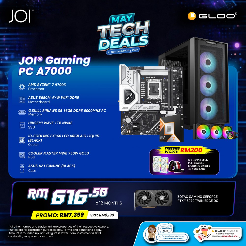 JOI Gaming PC A7000 (AMD RYZEN 7 9700X/16GB RAM/1TB SSD/RTX 5070/DOS)