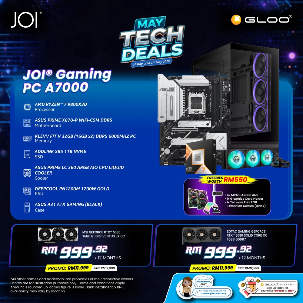 JOI Gaming PC A7000 (AMD RYZEN 7 9800X3D/32GB RAM/1TB SSD/RTX 5080/DOS)