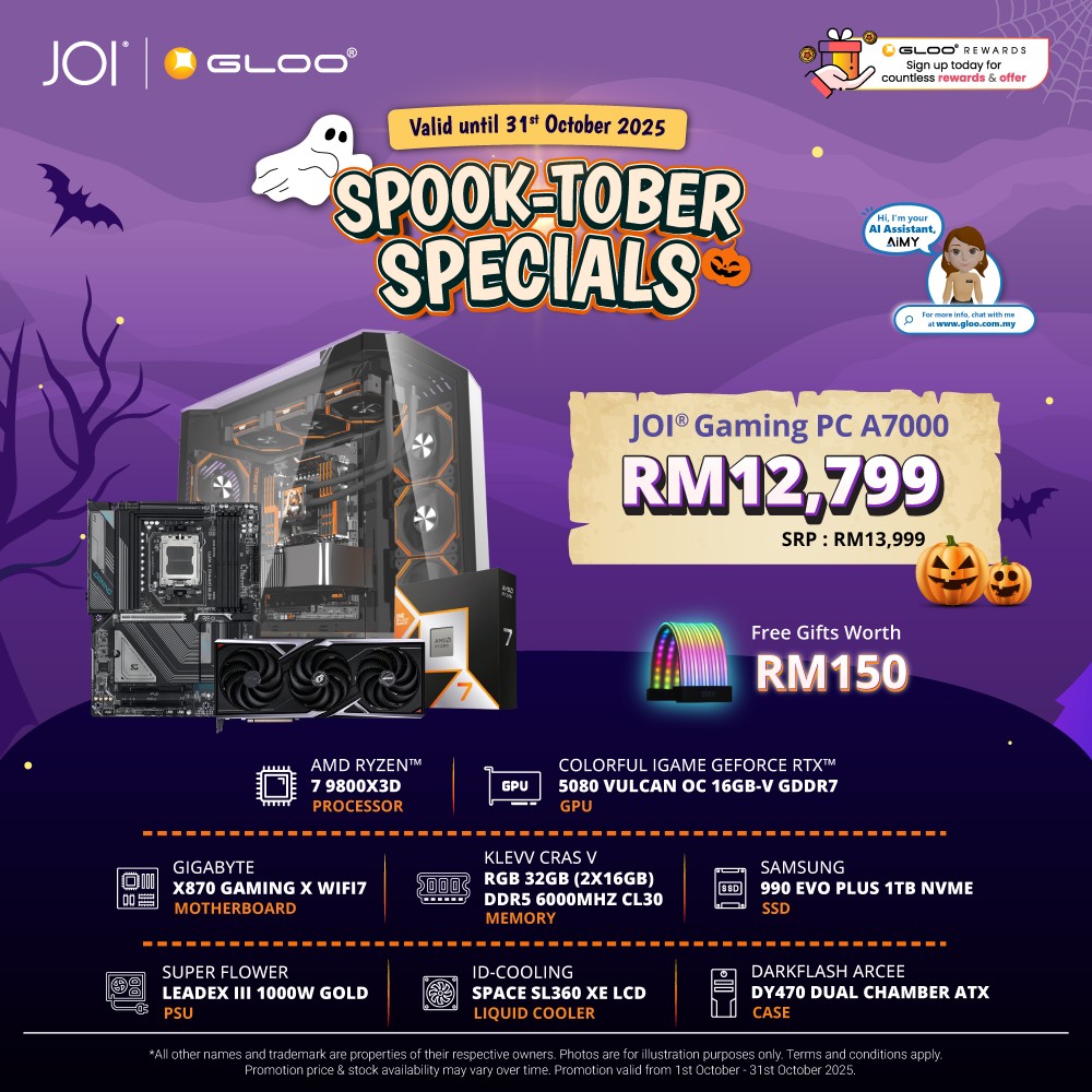 JOI Gaming PC A7000 (AMD Ryzen 7 9800X3D/32GB RAM/1TB SSD/RTX5080/DOS)
