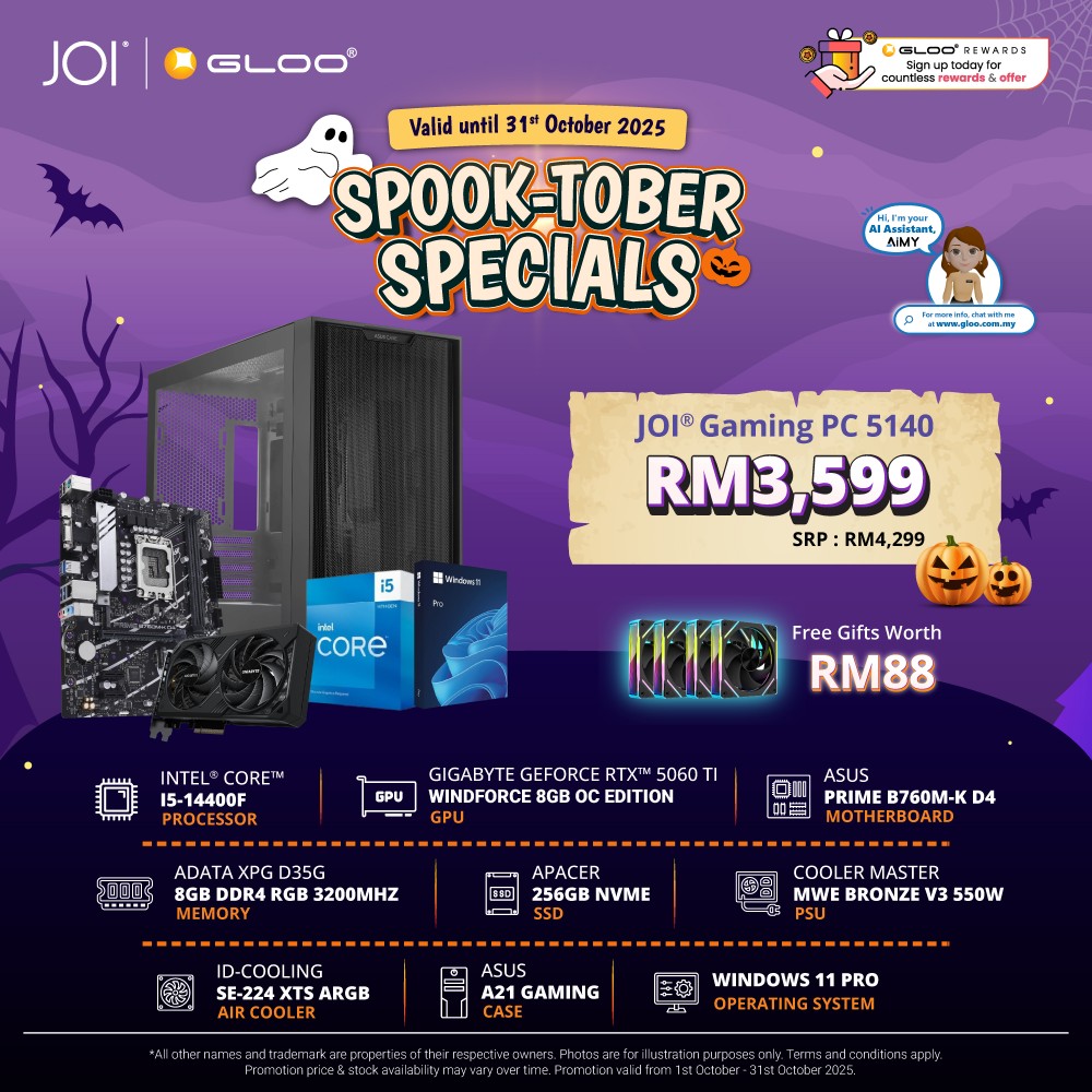 JOI Gaming PC 5140 (Intel core I5-14400F/8GB RAM/256GB SSD/RTX5060TI/W11P)