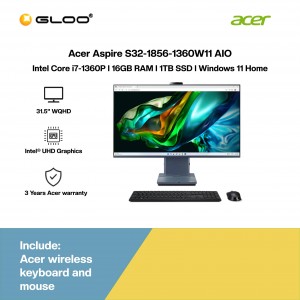 [Pre-order] Acer Aspire S32-1856-1360W11 AIO Desktop (i7-1360P,16GB,1TB SSD,Intel UHD,H&S,KB+M,31.5"QHD,W11H,3Y) [ETA:3-5 working days]