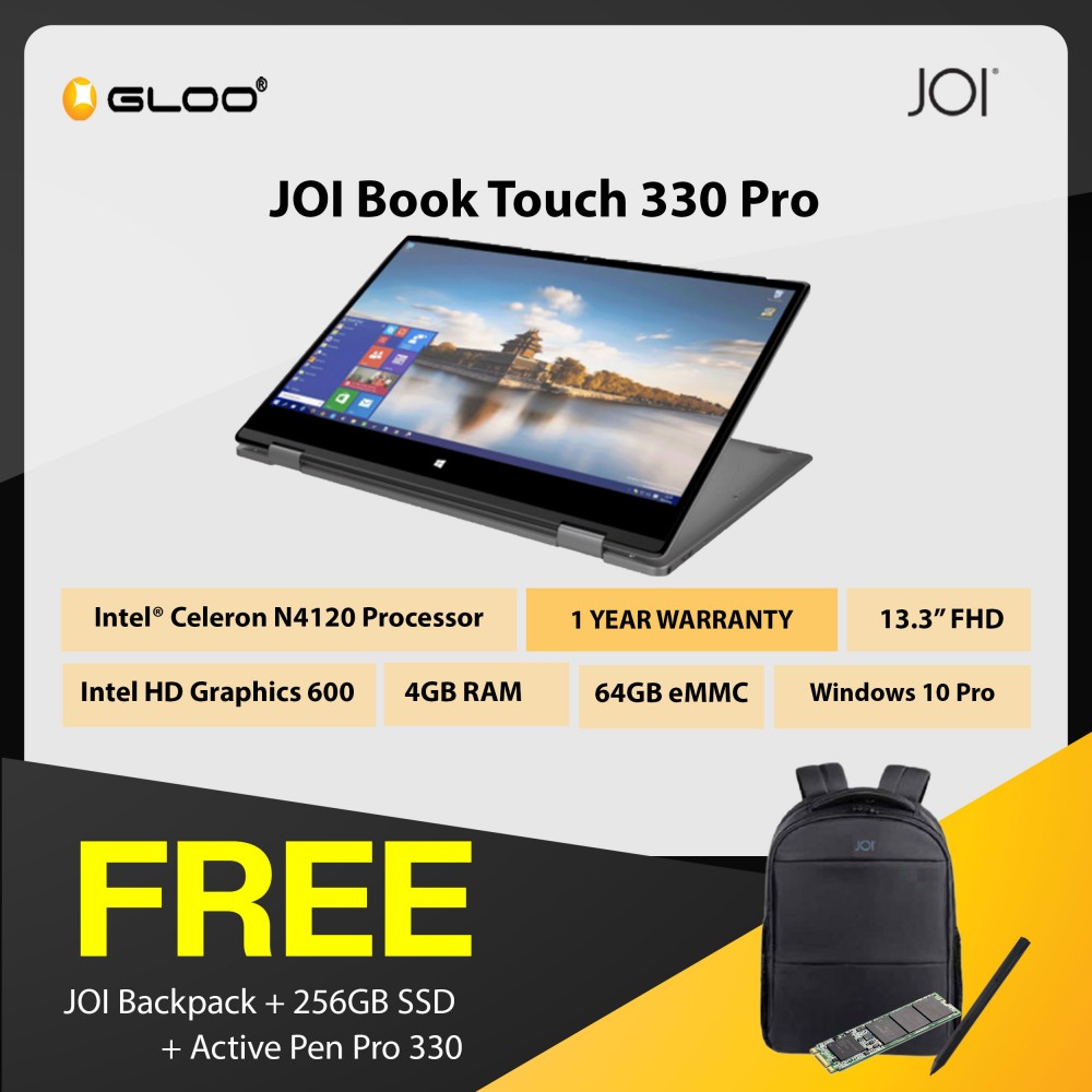 JOI Book Touch 330 Pro (N4120, 4GB + 64GB, 13.3” FHD, W10Pro) {Free 256GB SSD + Active Pen Pro 330 + JOI backpack}