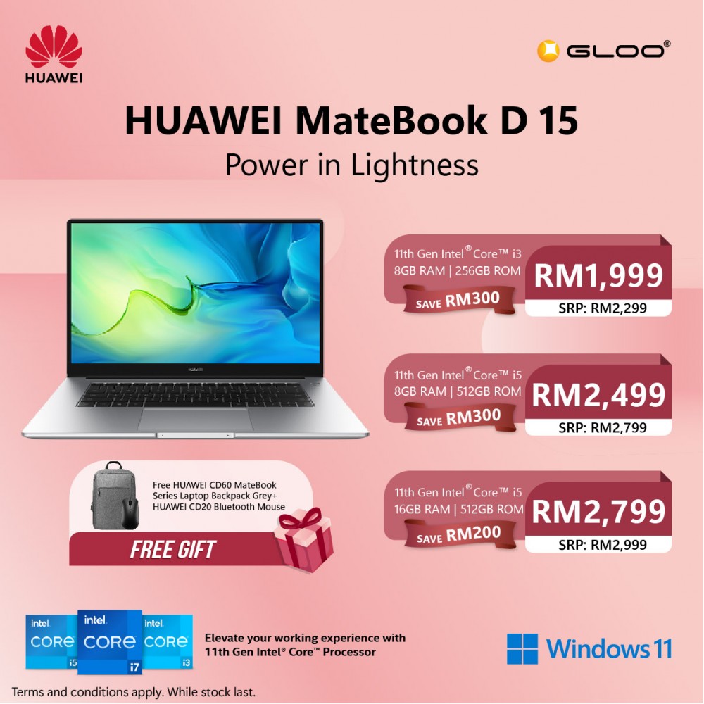 Huawei Matebook D15 (11th Gen i5,8GB+512GB,Windows 11,2022 Model) Free  Huawei CD60 Matebook Series Laptop Backpack Grey + Huawei CD20 Bluetooth  Mouse Black