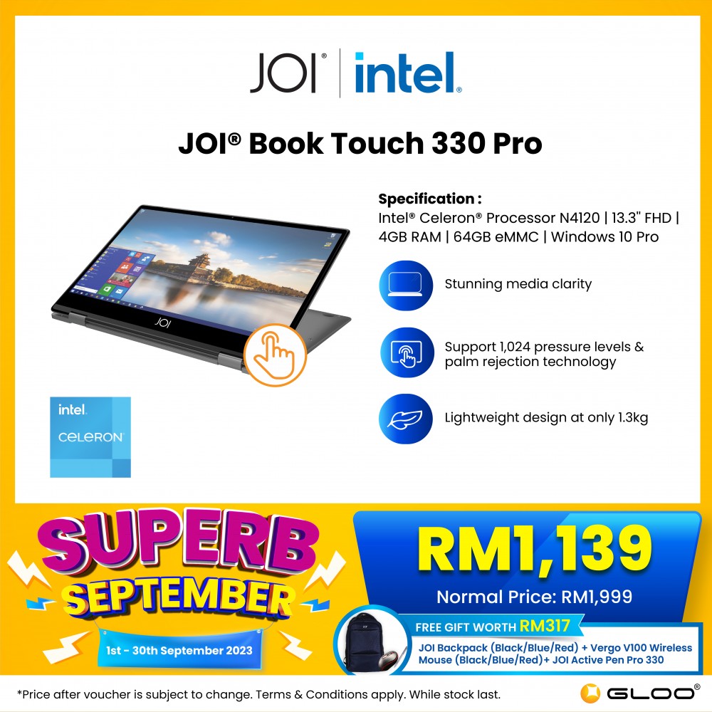 JOI Book Touch 330 Pro (N4120, 4GB + 64GB, 13.3” FHD, W10Pro) {Free 256GB SSD + Active Pen Pro 330 + JOI backpack}