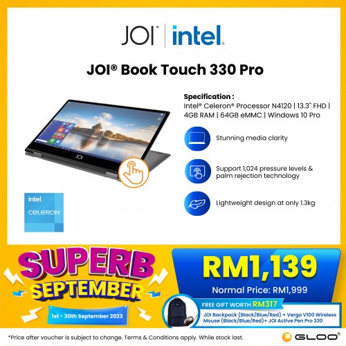 JOI Book Touch 330 Pro (N4120, 4GB + 64GB, 13.3” FHD, W10Pro) {Free 256GB SSD + Active Pen Pro 330 + JOI backpack}