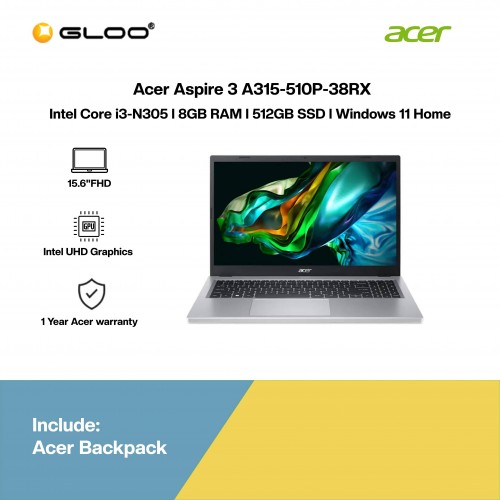 [Pre-order] Acer Aspire 3 A315-510P-38RX Laptop (i3-N305,8GB,512GB SSD,Intel UHD Graphics,H&S,15.6"FHD,W11H,Silver) [ETA: 3-5 working days]