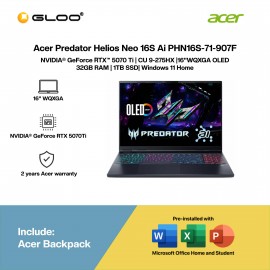 Acer Predator Helios Neo 16S Ai PHN16S-71-907F Gaming Laptop (NVIDIA® GeForce RTX™ 5070 Ti | CU 9-275HX|16"WQXGA OLED | 32GB RAM | 1TB SSD| Windows 11 Home | Office Home & Student + M365)