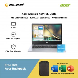 [Pre-order] Acer Aspire 3 A314-35-C5RZ Laptop (N4500,4GB,256GB SSD,Intel UHD Graphics,H&S,14”FHD,W11H,Sil) [ETA:3-5 working days]