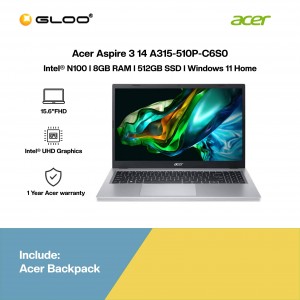 [Pre-order] Acer Aspire 3 14 A315-510P-C6S0 Laptop (Intel N100,8G,512GB SSD,Intel UHD Graphic,15.6”FHD,H&S,W11H,Sil,1Y) [ETA:3-5 working days]