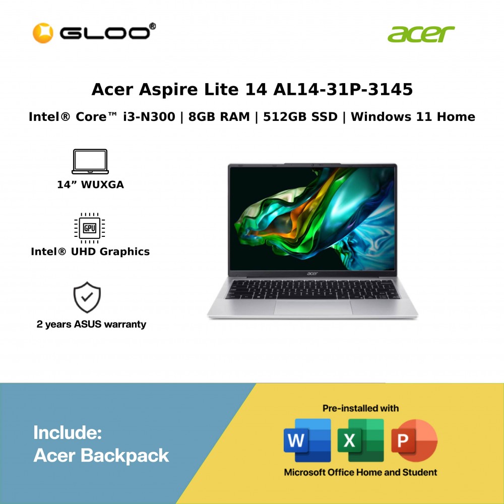Acer Aspire Lite 14 AL14-31P-3145 Laptop (Intel® Core™ i3-N300 | 14” WUXGA | 8GB RAM | 512GB SSD | Intel® UHD Graphics | Windows 11 Home)