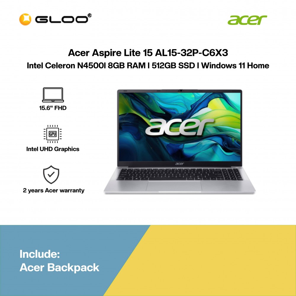 Acer Aspire Lite 15 AL15-32P-C6X3 Laptop (Intel Celeron N4500 | 15.6" FHD | 8GB RAM | 512GB SSD | Intel UHD Graphics | Windows 11 Home | Preinstalled with Microsoft Office Home & Student + Microsoft 365 Basic)
