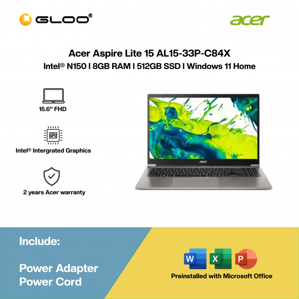Acer Aspire Lite 15 AL15-33P-C84X Laptop (Intel® N150 | 15.6"FHD | 8GB RAM | 512GB SSD | Intel® Intergrated Graphics | Windows 11 Home | Microsoft Office Home & Student 2024 + Microsoft 365 Basic)