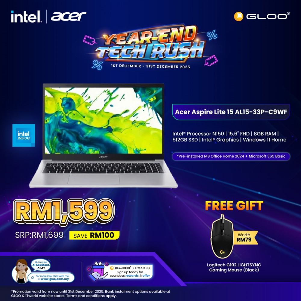 Acer Aspire Lite 15 AL15-33P-C9WF Laptop (Intel® N150 | 15.6"FHD | 8GB RAM | 512GB SSD | Intel® Intergrated Graphics | Windows 11 Home | Microsoft Office Home & Student 2024 + Microsoft 365 Basic)