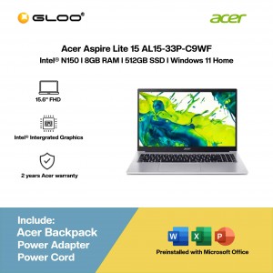 Acer Aspire Lite 15 AL15-33P-C9WF Laptop (Intel® N150 | 15.6"FHD | 8GB RAM | 512GB SSD | Intel® Intergrated Graphics | Windows 11 Home | Microsoft Office Home & Student 2024 + Microsoft 365 Basic)