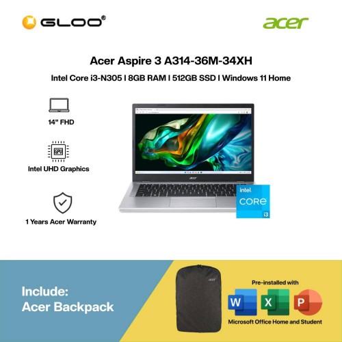 [Pre-order] Acer Aspire 3 A314-36M-34XH Laptop (i3-N305,8GB,512GB SSD,Intel UHD Graphics,H&S,14”FHD,W11H,Sil) [ETA:3-5 working days]