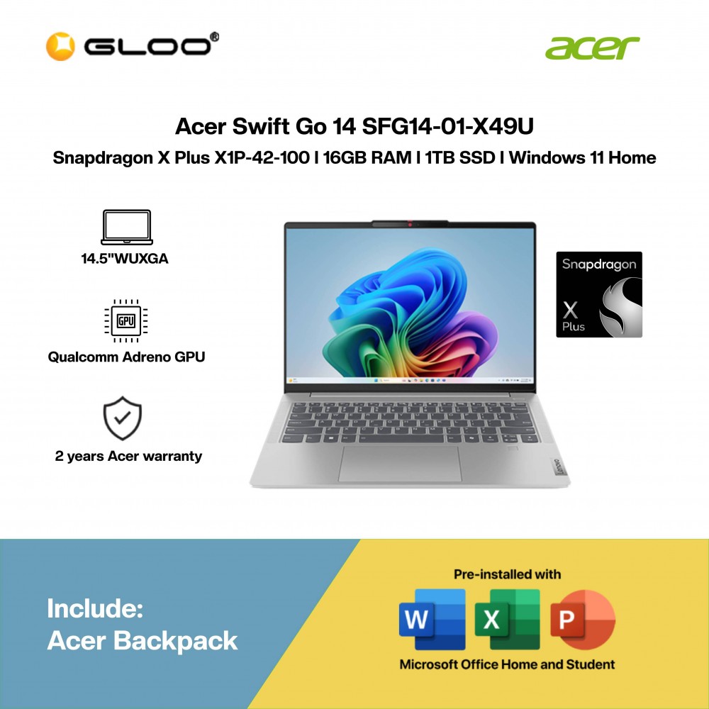 Acer Swift Go 14 SFG14-01-X49U (Snapdragon X Plus X1P-42-100 | 14.5"WUXGA | 16GB RAM | 1TB SSD | Qualcomm Adreno GPU | Windows 11 Home)